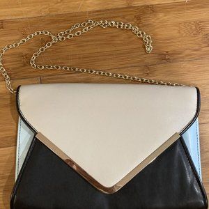 Aldo Envelope Clutch Navy Blue Beige Tan Evening Bag Purse With Chain Strap Work